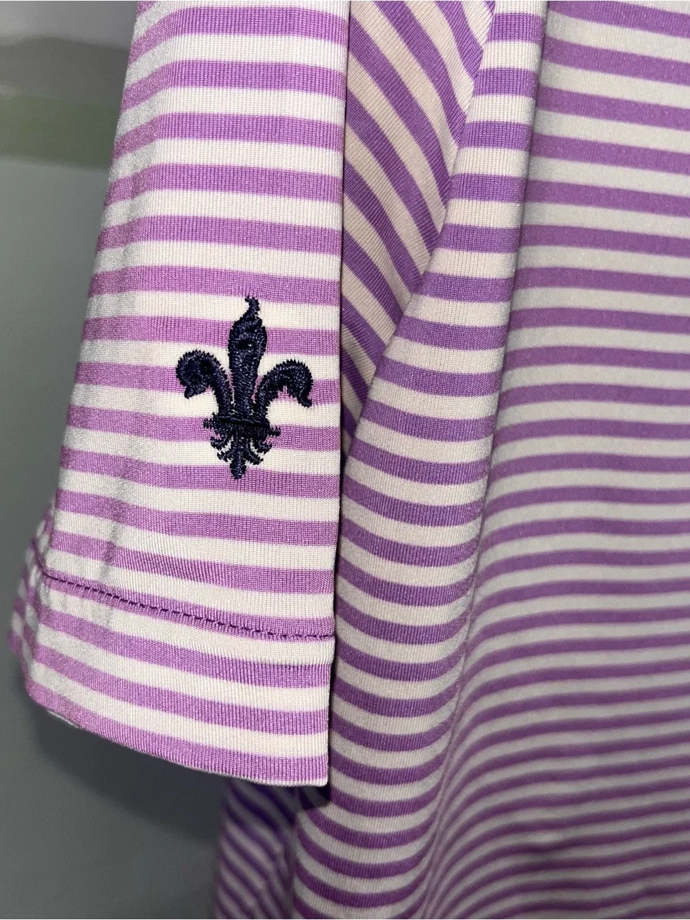 RLX Men Polo Shirt L Gold Performance Stretch Wicking Purple Striped Embroidered